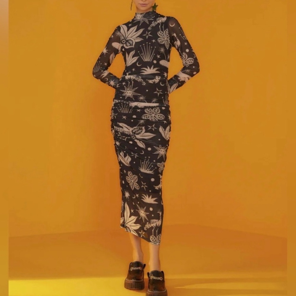 FARM Rio Black Midi Dress with Cream Botanical Print